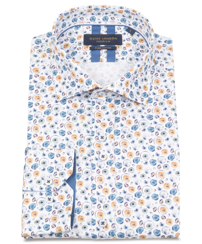 Guide London White Shirt With Tan & Blue Pattern LS16519