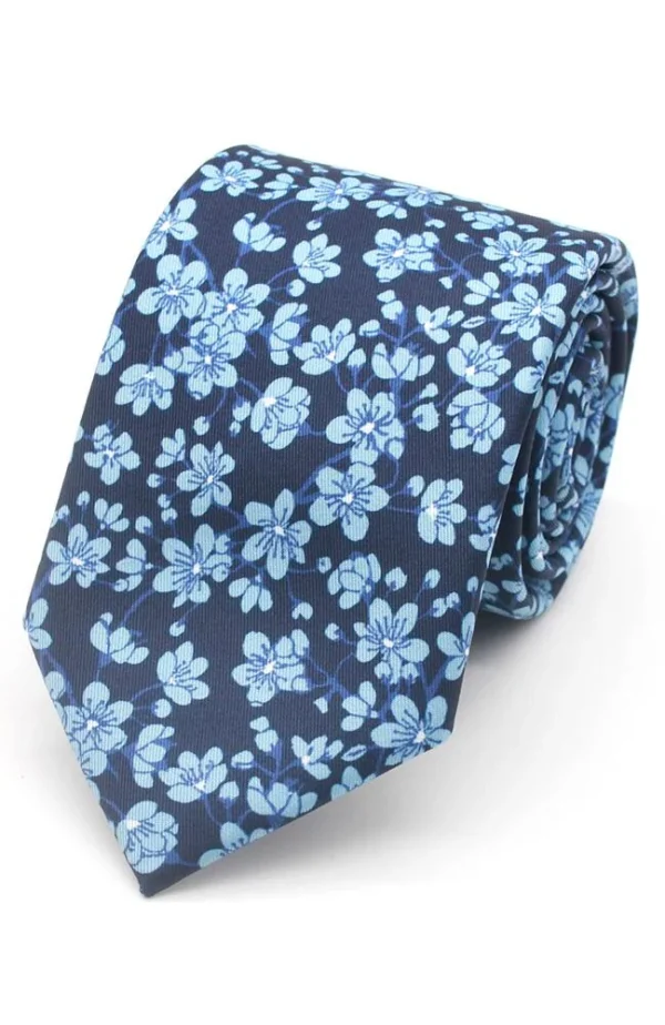 L.A Smith Navy Tie with Blue Blossom Detail